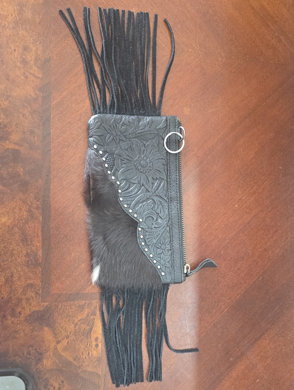 Montana West Black Fringe Leather & Fur Wristlet Clutch
